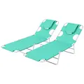 Outsunny Foldable Sun Lounger Set of 2 with Reading Hole, Portable Sun Lounger with 5 Level Adjustable Backrest, Reclining Lounge Chair with Side Pocket, Headrest Pillow, Green - 1