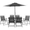 Outsunny Eight-Piece Garden Dining Set, with Chairs, Table and Parasol - Black - 1