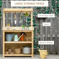 Outsunny Garden Potting Bench Table, Wooden Workstation Bench w/ Galvanized Metal Tabletop, Storage Shelves and Hooks, Natural - 5