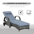 Outsunny Garden Rattan Furniture Single Sun Lounger Recliner Bed Reclining Chair Patio Outdoor Wicker Weave Adjustable Headrest with Fire Retardant Cushion - Grey - 5