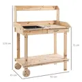 Outsunny Garden Potting Bench Table, Wooden Work Station, Outdoor Planting Workbench with 2 Wheels, Sink, Drawer & Large Storage Spaces, 92x45x119cm - 3