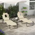 Outsunny Folding Sun Loungers Set of 2 with Face Hole, 4-Position Adjustable Backrest Garden Recliner Chairs Sunbeds, Outdoor Lounge Chairs with 600 D Oxford Cloth Seat, Pillow for Beach, Sand - 2