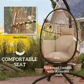 Outsunny Hanging Egg Chair Outdoor Indoor Garden Swing Chair with Folding Basket and Thickened Cushion, Garden Hanging Chair with Stand, Headrest, Cup Holder for Patio, Balcony, Khaki - 4