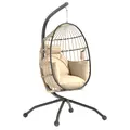 Outsunny Hanging Egg Chair Outdoor Indoor Garden Swing Chair with Folding Basket and Thickened Cushion, Garden Hanging Chair with Stand, Headrest, Cup Holder for Patio, Balcony, Khaki - 1