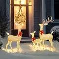 Outsunny Lighted Reindeer Christmas Decorations Outdoor, 3-Piece Light Up Deer Family Set of 3 with 283 LED Lights for Indoor, Lawn, Garden, Gold Tone - 2