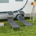 Outsunny Outdoor Foldable Sun Lounger Set of 2, 4 Level Adjustable Backrest Reclining Sun Lounger Chair with Angle Adjust Sun Shade Awning for Beach, Garden, Patio, Grey - 2