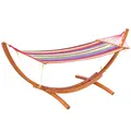 Outsunny Outdoor Hammock with Stand, Free Standing Hammock with Arc Wooden Frame and 200 x 100cm Fabric, Garden Swing Hanging Bed with Safe Ropes, Multicolour - 1