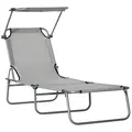 Outsunny Outdoor Foldable Sun Lounger, 4 Level Adjustable Backrest Reclining Sun Lounger Chair with Angle Adjust Sun Shade Awning for Beach, Garden, Patio, Light Grey - 1