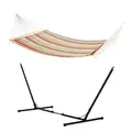 Outsunny Outdoor Garden Hammock with Stand, Double Cotton Hammock with Adjustable Steel Frame, Swing Hanging Bed with Pillow, for Garden, Patio, Beach, Red Stripes - 1