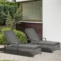 Outsunny PE Rattan Sun Loungers set of 2 with Cushion, Outdoor 2 Pieces Garden Sunbed Furniture with 4-Level Recliner Backrest, and Armrest, Grey - 2