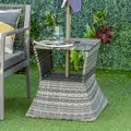 Outsunny Outdoor Patio Rattan Wicker Coffee Table Bistro Side Table w/ Umbrella Hole and Storage Space, Grey - 2