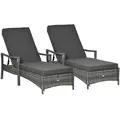 Outsunny PE Rattan Sun Loungers set of 2 with Cushion, Outdoor 2 Pieces Garden Sunbed Furniture with 4-Level Recliner Backrest, and Armrest, Grey - 1