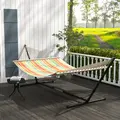 Outsunny Outdoor Garden Hammock with Stand, Double Cotton Hammock with Adjustable Steel Frame, Swing Hanging Bed with Pillow, for Garden, Patio, Beach, Red Stripes - 2
