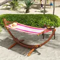 Outsunny Outdoor Hammock with Stand, Free Standing Hammock with Arc Wooden Frame and 200 x 100cm Fabric, Garden Swing Hanging Bed with Safe Ropes, Multicolour - 2