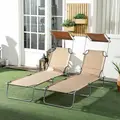 Outsunny Outdoor Foldable Sun Lounger Set of 2, 4 Level Adjustable Backrest Reclining Sun Lounger Chair with Angle Adjust Sun Shade Awning for Beach, Garden, Patio, Sand - 2