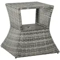 Outsunny Outdoor Patio Rattan Wicker Coffee Table Bistro Side Table w/ Umbrella Hole and Storage Space, Grey - 1
