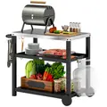 Outsunny Outdoor Grill Dining Cart 3-Shelf Movable Pizza Oven Table Stand with Stainless Steel Top, Portable BBQ Trolley Food Prep Outdoor Kitchen Barbecue Station with Hooks Wheels, Charcoal Grey - 1