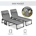 Outsunny Portable Sun Lounger Set of 2, Folding Camping Bed Cot, Reclining Lounge Chair 5-position Adjustable Backrest with Side Pocket, Pillow for Patio Garden Beach Pool, Mixed Grey - 7