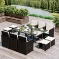 Outsunny Rattan Dining Set Garden Furniture Patio set 11 PC with Cushion Black /Milk White - 2