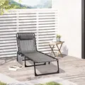 Outsunny Portable Sun Lounger, Folding Camping Bed Cot, Reclining Lounge Chair 5-position Adjustable Backrest with Side Pocket, Pillow for Patio Garden Beach Pool, Mixed Grey - 2