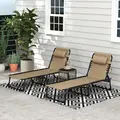 Outsunny Portable Sun Lounger Set of 2, Folding Camping Bed Cot, Reclining Lounge Chair 5-position Adjustable Backrest with Side Pocket, Pillow for Patio Garden Beach Pool, Beige - 2