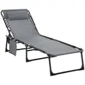 Outsunny Portable Sun Lounger, Folding Camping Bed Cot, Reclining Lounge Chair 5-position Adjustable Backrest with Side Pocket, Pillow for Patio Garden Beach Pool, Grey - 1