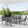 Outsunny Seven-Piece Metal Dining Set, with Glass-Top Table - Grey - 2
