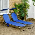 Outsunny Set of Two Folding Sun Loungers, with Adjustable Backs and Sun Canopies - Blue - 2