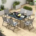 Outsunny Seven-Piece Garden Dining Set, with Glass-Top Table and Folding Chairs - Grey - 7