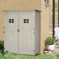 Outsunny Wooden Garden Shed with Two Windows, Tool Storage Cabinet, Outdoor Double Door Organizer 127.5L x 50W x 164H cm, Grey - 2