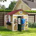 Outsunny Wooden Playhouse with Doors, Windows, Plant Pots, Boxes, for 3-8 Years - Beige - 2