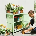 Outsunny Wooden Garden Shed, Garden Tool Storage Shed with Hinged Roof and Shelf, Outdoor Storage Cabinet with Double Doors, Light Green - 9