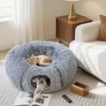 PawHut 2-in-1 Donut Cat Tunnel with Washable Bed, Play Tunnel Bed with Toy Ball and Door Hole for Indoor Cats, Light Grey - 2