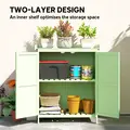 Outsunny Wooden Garden Shed, Garden Tool Storage Shed with Hinged Roof and Shelf, Outdoor Storage Cabinet with Double Doors, Light Green - 6
