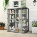 PawHut Catio Outdoor Cat Enclosure,  Wooden Cat House with Platforms, Condo and Waterproof Cover for 2–3 Kittens, Grey - 2