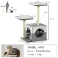 PawHut Cat Tree w/ Sisal Scratching Posts, House, Perches, Toy Mouse, Grey - 3