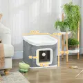 PawHut Cat House for Indoor Kittens, 2-Level Cat Cave Bed with Fluffy Balls, Top Bed, Kitten Barrel for Multi Kitties, Grey - 3