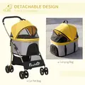 PawHut Detachable Pet Stroller with Rain Cover, 3 In 1 Cat Dog Pushchair, Foldable Carrying Bag w/ Universal Wheels, Brake, Canopy, Basket, Storage Bag for Small and Tiny Dogs - Yellow - 6