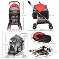 PawHut Detachable Pet Stroller with Rain Cover, 3 In 1 Cat Dog Pushchair, Foldable Carrying Bag w/ Universal Wheels, Brake, Canopy, Basket, Storage Bag for Small and Tiny Dogs - Red - 3