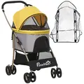 PawHut Detachable Pet Stroller with Rain Cover, 3 In 1 Cat Dog Pushchair, Foldable Carrying Bag w/ Universal Wheels, Brake, Canopy, Basket, Storage Bag for Small and Tiny Dogs - Yellow - 1