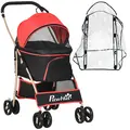 PawHut Detachable Pet Stroller with Rain Cover, 3 In 1 Cat Dog Pushchair, Foldable Carrying Bag w/ Universal Wheels, Brake, Canopy, Basket, Storage Bag for Small and Tiny Dogs - Red - 1