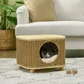 PawHut Elevated Design Wicker Cat House with Washable Cushion, Light Brown - 2