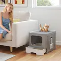 PawHut Foldable Cat Litter Box with Lid, Slide-Out Drawer, Scoop, Easy Clean, Odour Control, Anti-Splashing, Grey - 2