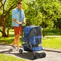 PawHut Dog Stroller with Rain Cover for Small Miniature Dogs, Folding Pet Pram with Cup Holder, Storage Basket, Reflective Strips, Blue - 2