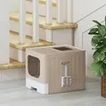PawHut Foldable Cat Litter Box with Lid, Slide-Out Drawer, Scoop, Easy Clean, Odour Control, Anti-Splashing, Khaki - 8