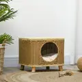 PawHut Elevated Design Wicker Cat House with Washable Cushion, Light Brown - 7