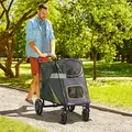 PawHut One-Click Foldable Pet Travel Stroller with Rain Cover, Cat Dog Pushchair with Universal Front Wheels, Shock Absorber, Storage Bags, Mesh Window, Safety Leash for Large and Medium Dogs (Grey) - 2