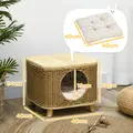 PawHut Elevated Design Wicker Cat House with Washable Cushion, Light Brown - 3