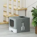 PawHut Foldable Cat Litter Box with Lid, Slide-Out Drawer, Scoop, Easy Clean, Odour Control, Anti-Splashing, Grey - 8