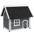 PawHut Outdoor Cat House, Wooden Feral Cat Shelter, with Openable Asphalt Roof, Three Doors - Grey - 1